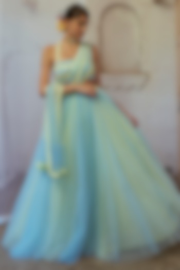 Sea Green & Powder Blue Tulle Wedding Lehenga Set by Mona & Vishu at Pernia's Pop Up Shop