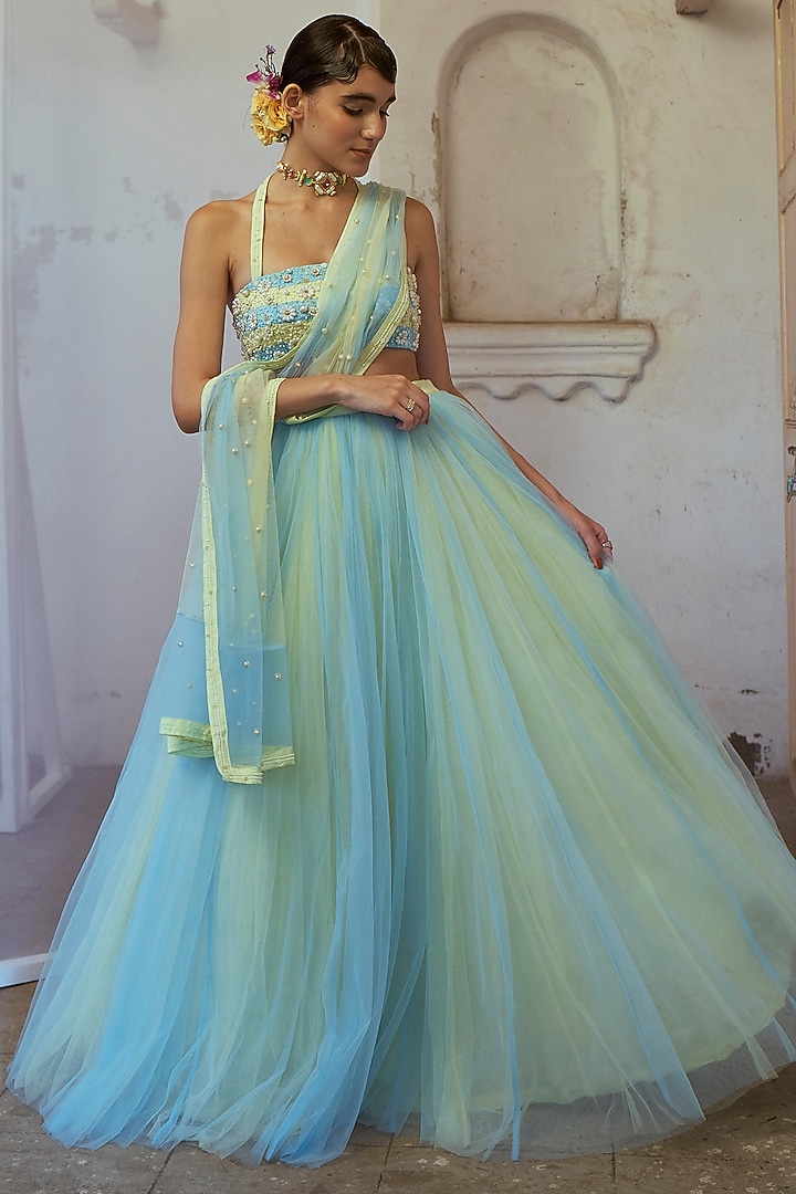 Sea Green & Powder Blue Tulle Wedding Lehenga Set by Mona & Vishu at Pernia's Pop Up Shop