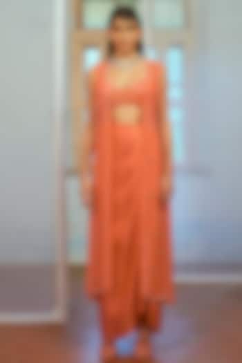 Coral Tussar Satin Draped Skirt Set by Mona & Vishu at Pernia's Pop Up Shop
