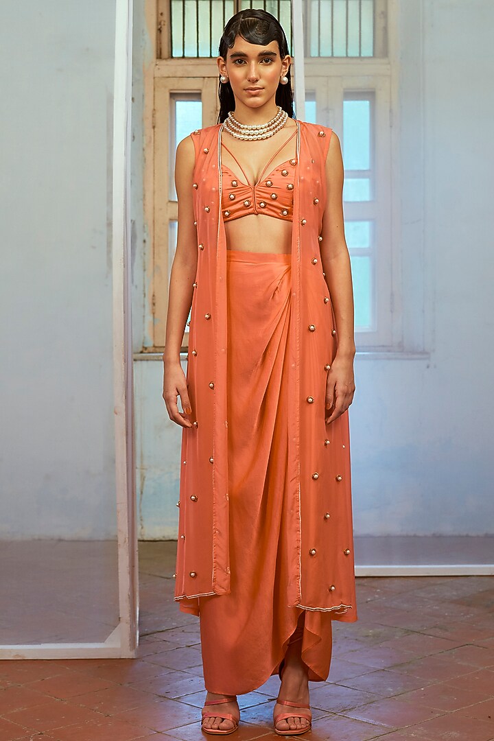 Coral Tussar Satin Draped Skirt Set by Mona & Vishu at Pernia's Pop Up Shop