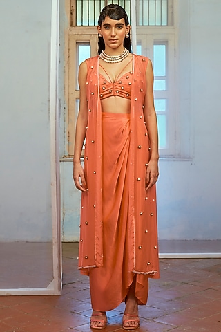 Coral Tussar Satin Draped Skirt Set by Mona & Vishu