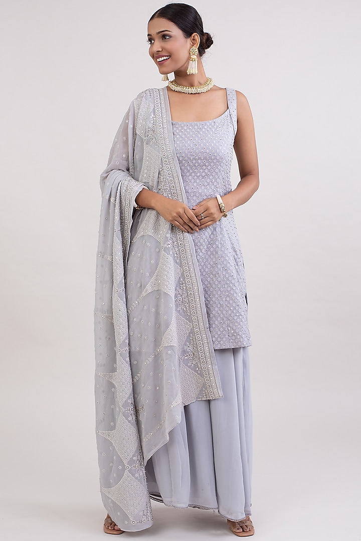Grey Cotton Chanderi Boota Embroidered Kurta Set by Monika Mathuria Datta