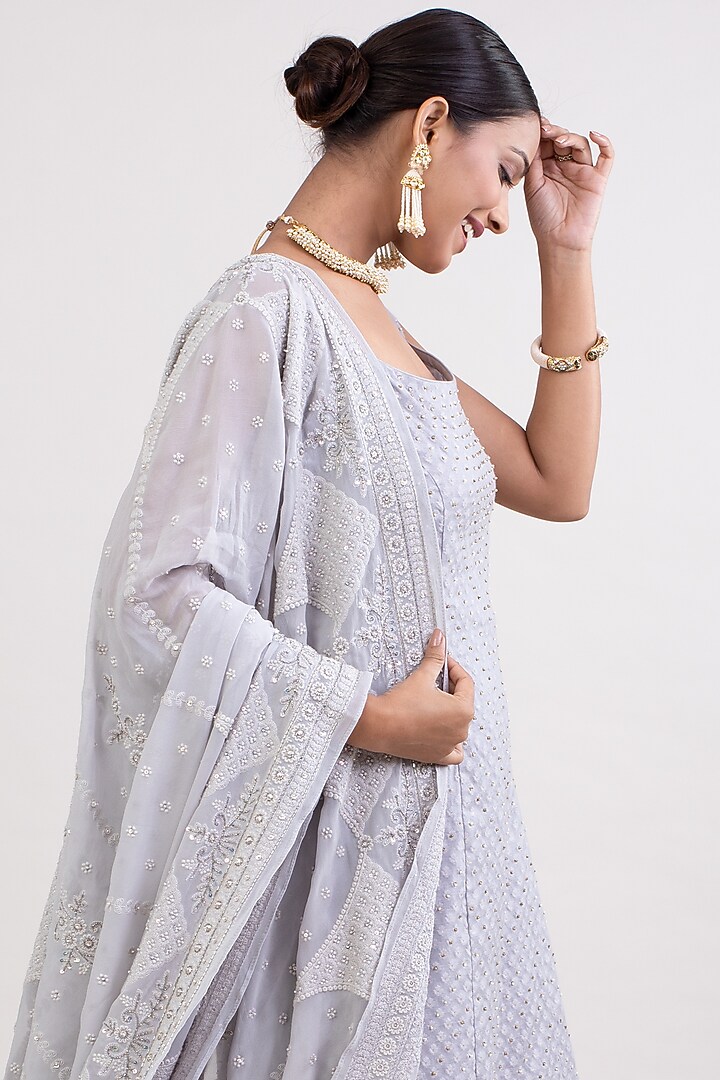Grey Cotton Chanderi Boota Embroidered Kurta Set by Monika Mathuria Datta at Pernia's Pop Up Shop