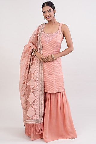Peach Cotton Chanderi Boota Embroidered Kurta Set by Monika Mathuria Datta