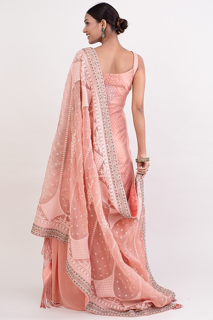 Peach Cotton Chanderi Boota Embroidered Kurta Set by Monika Mathuria Datta at Pernia's Pop Up Shop