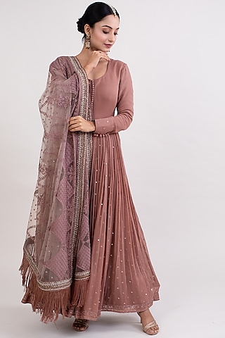 Mocha Georgette Boota Embroidered Anarkali Set by Monika Mathuria Datta