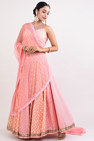 Peach Chanderi Embroidered Paneled Lehenga Set by Monika Mathuria Datta