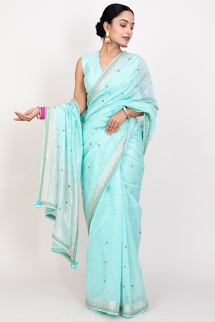 Light Turquoise Cotton Silk Boota Embroidered Handwoven Saree Set by Monika Mathuria Datta