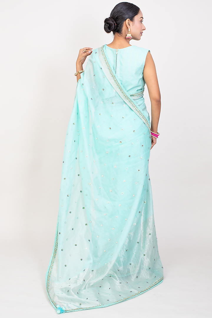 Light Turquoise Cotton Silk Boota Embroidered Handwoven Party Wear Saree Set by Monika Mathuria Datta at Pernia's Pop Up Shop