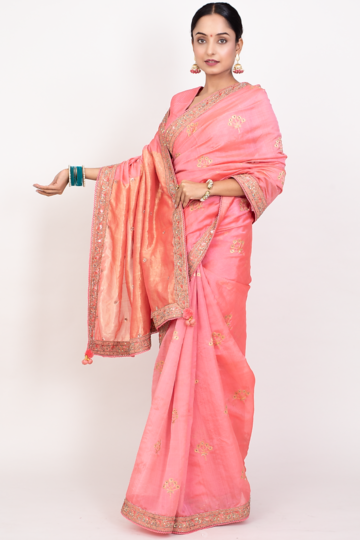 Bright Peach Cotton Silk Boota Embroidered Handwoven Saree Set by Monika Mathuria Datta