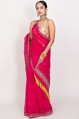Bright Pink Organza Aari Hand Embroidered Saree Set by Monika Mathuria Datta