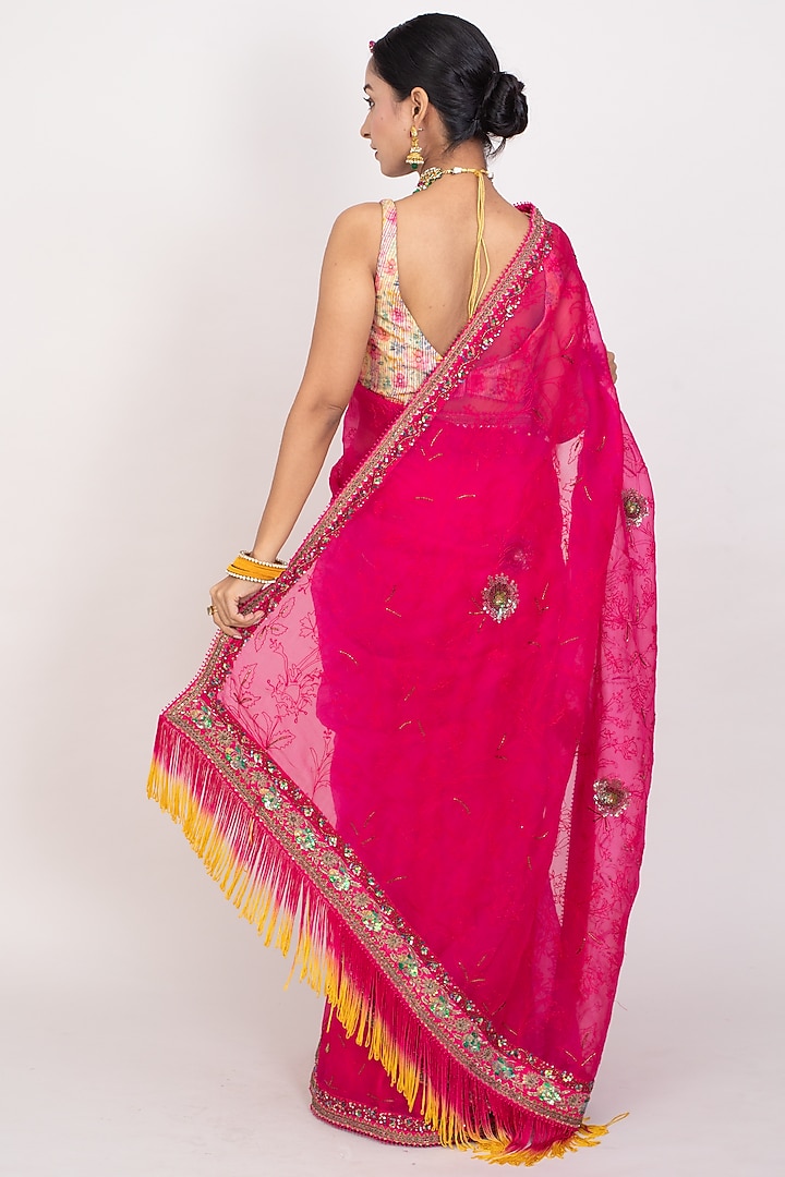 Bright Pink Organza Aari Hand Embroidered Wedding Saree Set by Monika Mathuria Datta at Pernia's Pop Up Shop