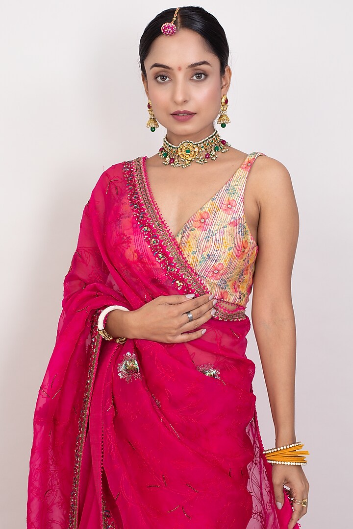 Bright Pink Organza Aari Hand Embroidered Wedding Saree Set by Monika Mathuria Datta at Pernia's Pop Up Shop