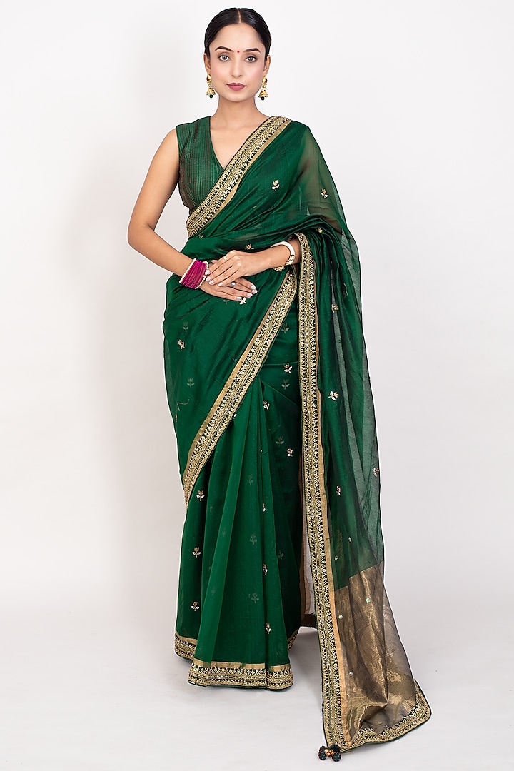 Emerald Green Cotton Silk Embroidered Handwoven Saree Set by Monika Mathuria Datta