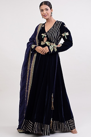Blue Velvet Embroidered Angrakha Anarkali Set by Monika Mathuria Datta