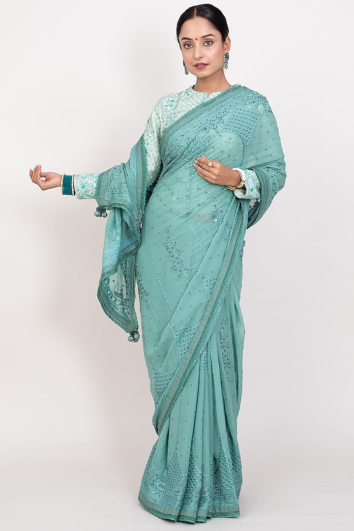 Teal Cotton Silk Georgette Embroidered Saree Set by Monika Mathuria Datta