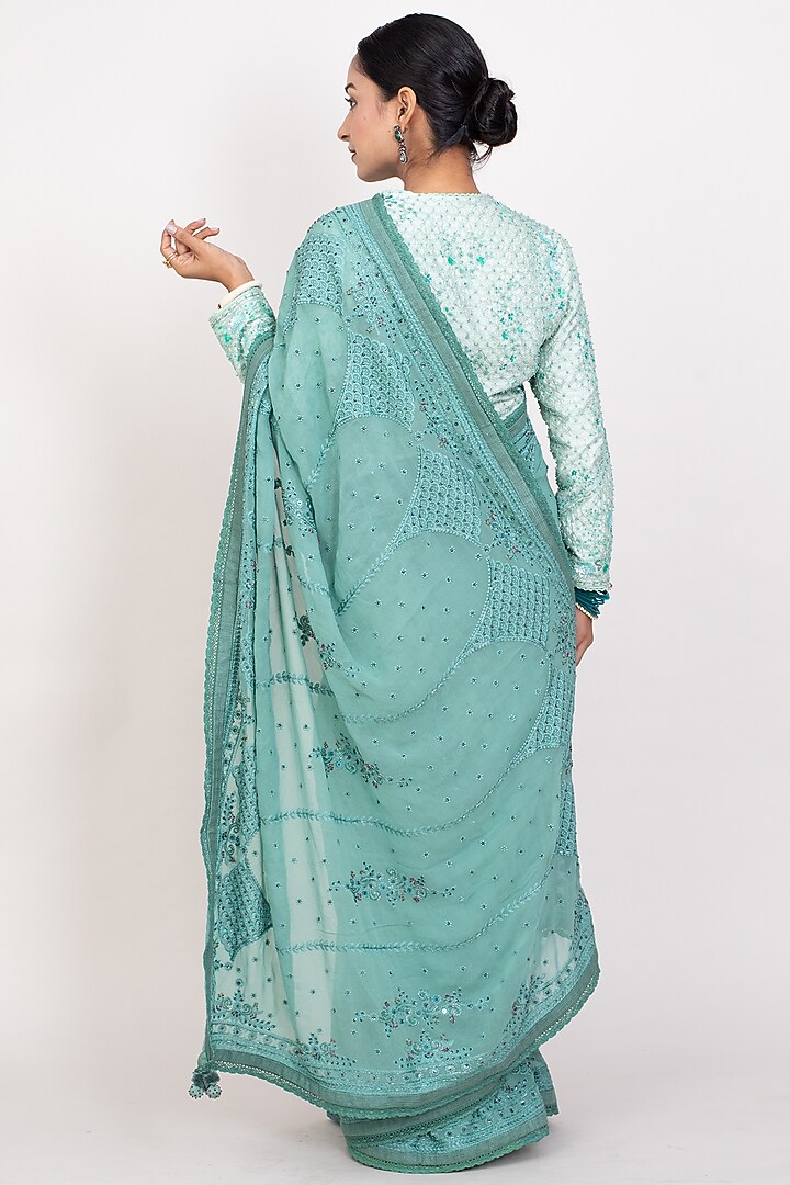 Teal Cotton Silk Georgette Embroidered Wedding Saree Set by Monika Mathuria Datta at Pernia's Pop Up Shop