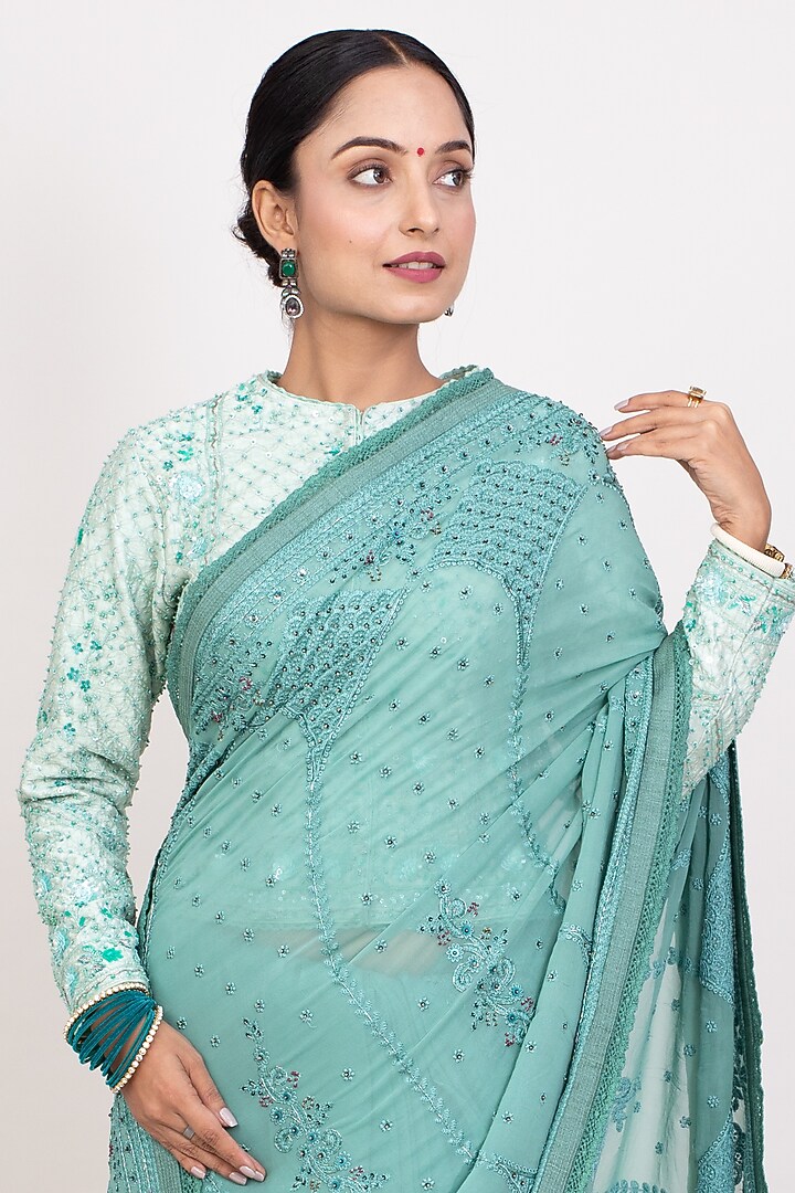 Teal Cotton Silk Georgette Embroidered Wedding Saree Set by Monika Mathuria Datta at Pernia's Pop Up Shop