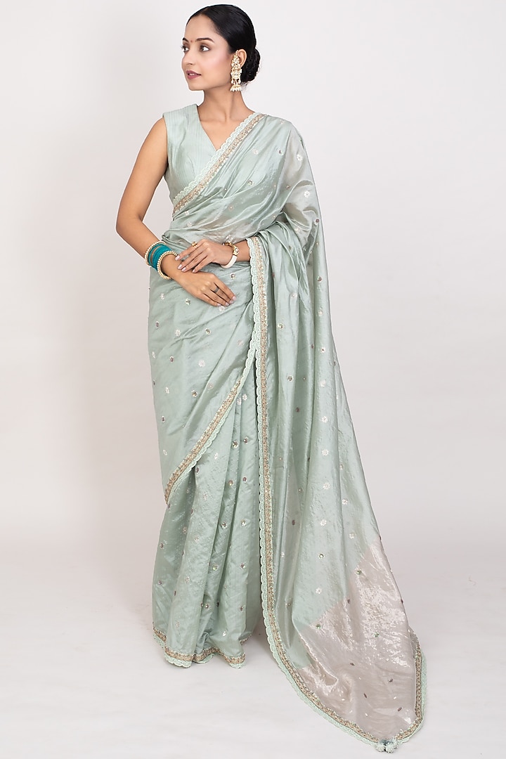 Sage Grey Cotton Silk Boota Embroidered Handwoven Saree Set by Monika Mathuria Datta