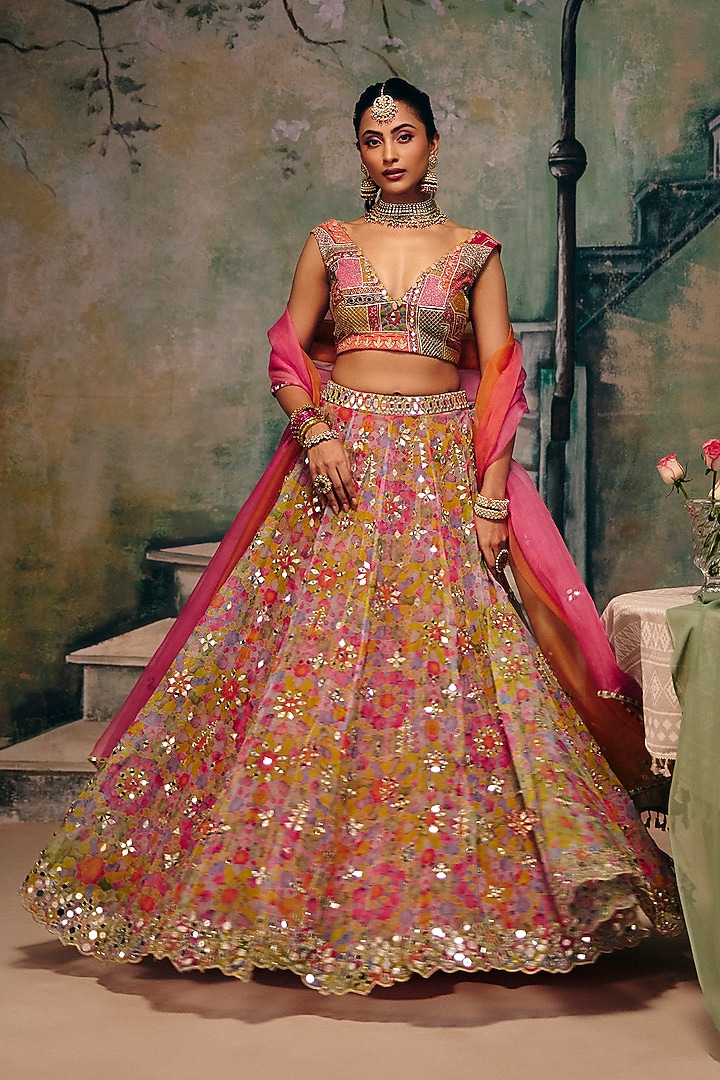Multi-Colored Organza Mirror & Sequins Work Wedding Lehenga Set by Label Moni K at Pernia's Pop Up Shop