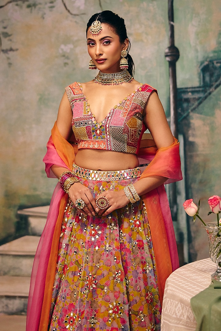 Multi-Colored Organza Mirror & Sequins Work Wedding Lehenga Set by Label Moni K at Pernia's Pop Up Shop