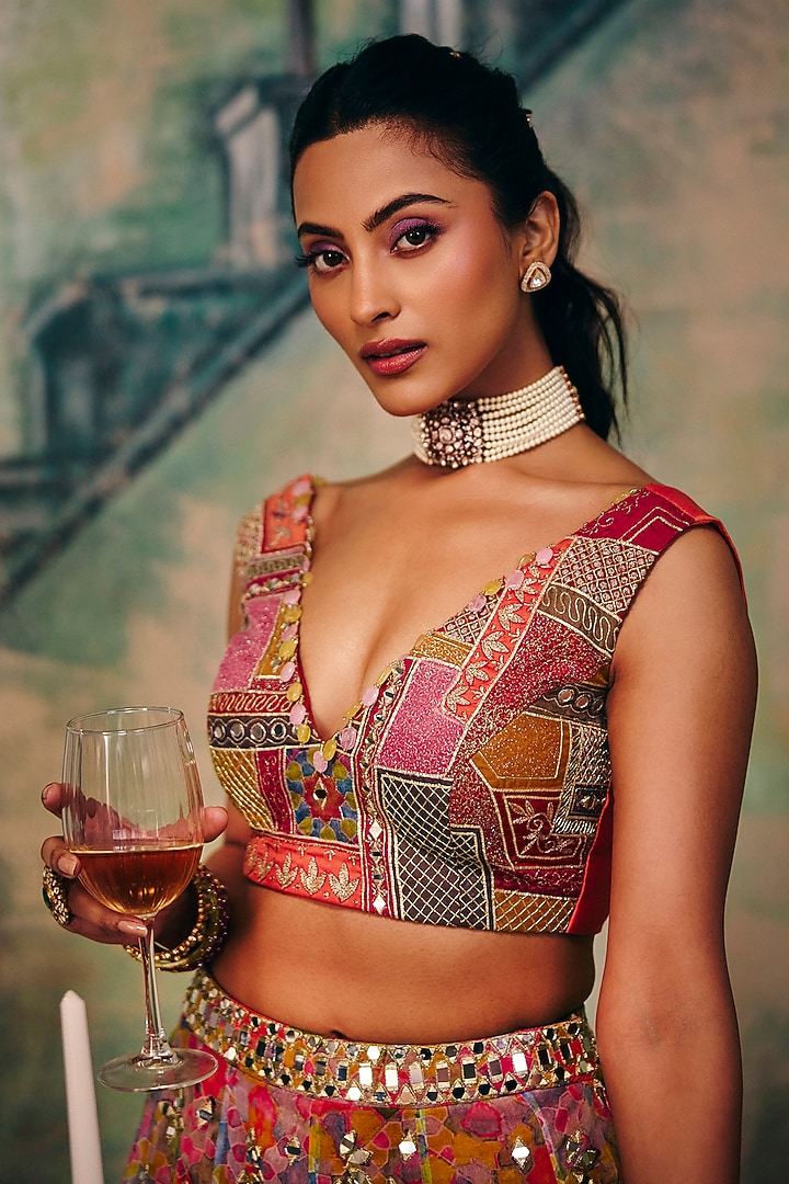 Multi-Colored Organza Mirror & Sequins Work Wedding Lehenga Set by Label Moni K at Pernia's Pop Up Shop