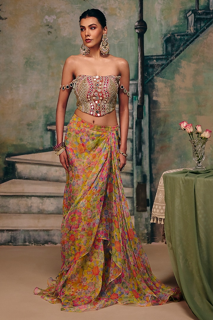 Multi-Colored Organza Floral Draped Skirt Set by Label Moni K at Pernia's Pop Up Shop