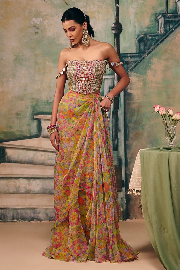 Multi-Colored Organza Floral Draped Skirt Set by Label Moni K at Pernia's Pop Up Shop