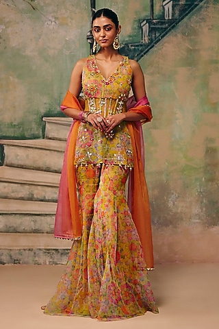 Multi-Colored Organza Floral Sharara Set by Label Moni K
