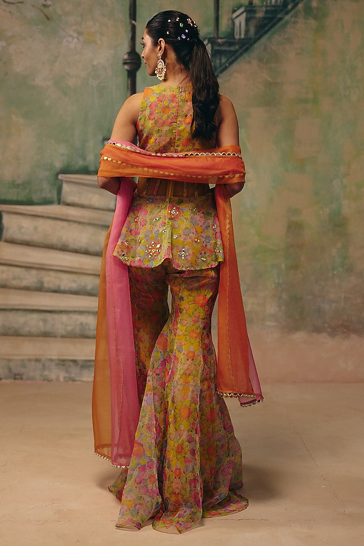 Multi-Colored Organza Floral Wedding Sharara Set by Label Moni K at Pernia's Pop Up Shop