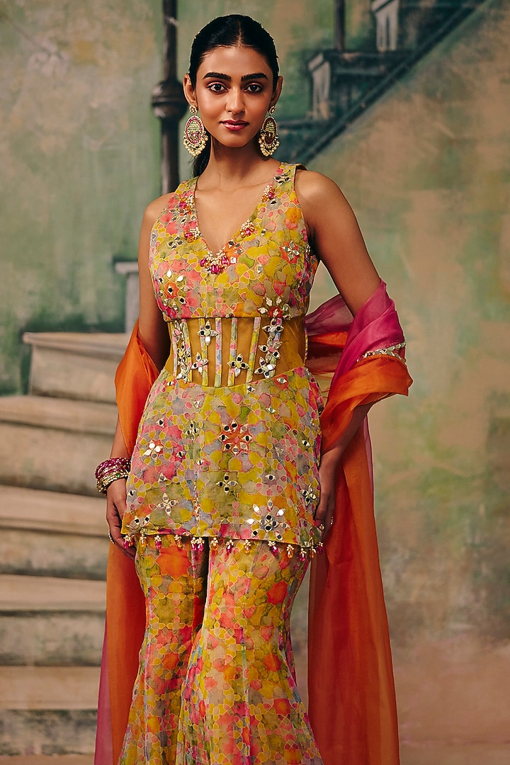 Multi-Colored Organza Floral Wedding Sharara Set by Label Moni K at Pernia's Pop Up Shop