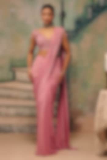 Dusty Rose Shimmer Georgette Embellished Draped Wedding Saree Set by Label Moni K at Pernia's Pop Up Shop