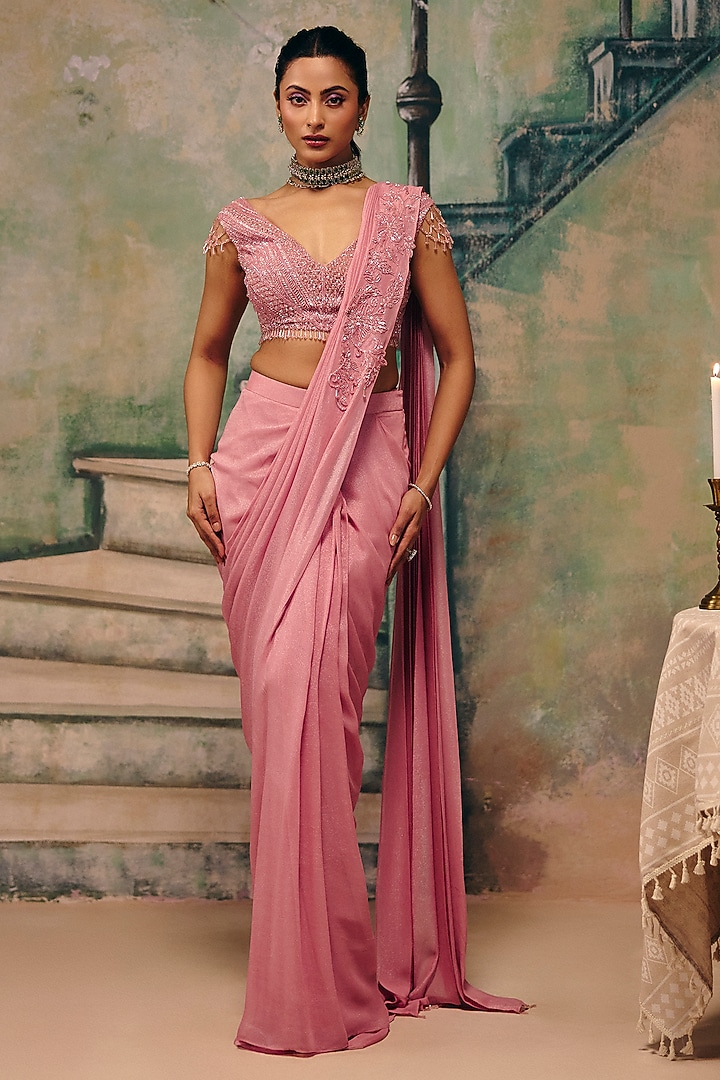 Dusty Rose Shimmer Georgette Embellished Draped Wedding Saree Set by Label Moni K at Pernia's Pop Up Shop