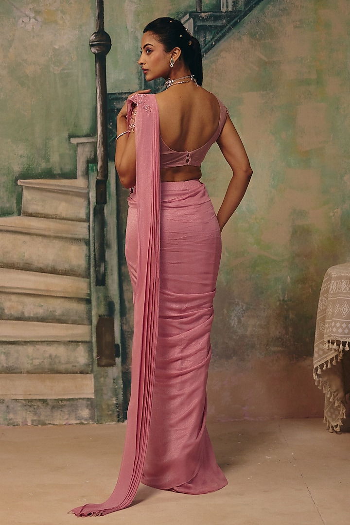 Dusty Rose Shimmer Georgette Embellished Draped Wedding Saree Set by Label Moni K at Pernia's Pop Up Shop