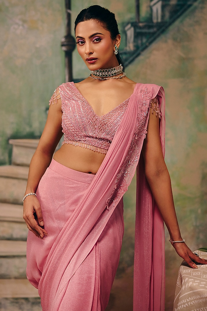 Dusty Rose Shimmer Georgette Embellished Draped Wedding Saree Set by Label Moni K at Pernia's Pop Up Shop