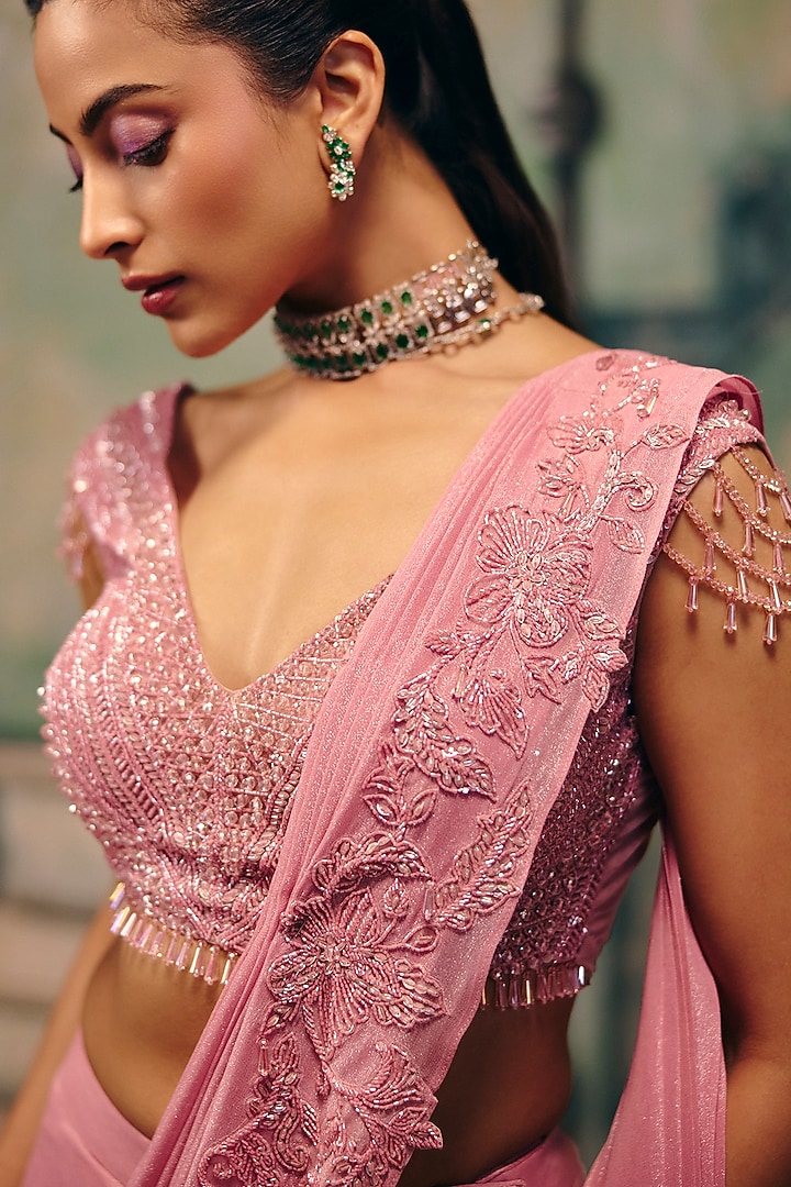 Dusty Rose Shimmer Georgette Embellished Draped Wedding Saree Set by Label Moni K at Pernia's Pop Up Shop