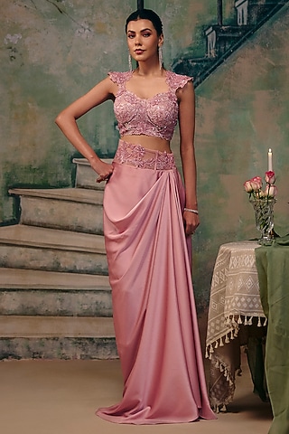 Dusty Rose Satin Draped Skirt Set by Label Moni K