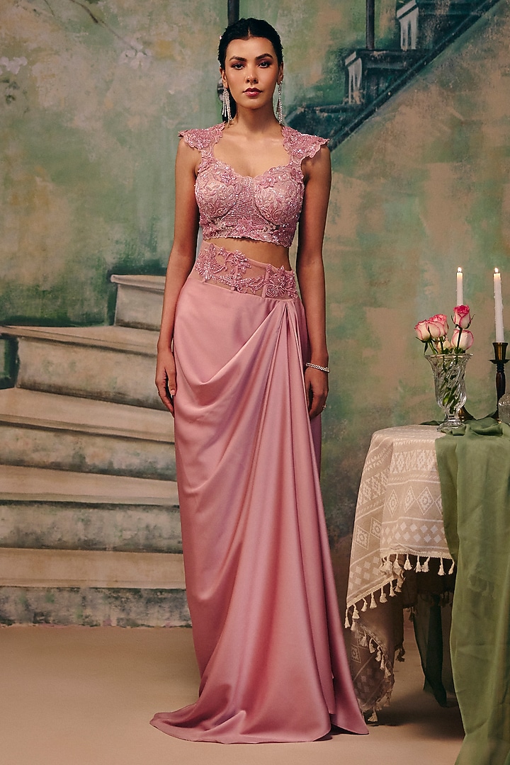 Dusty Rose Satin Draped Skirt Set by Label Moni K at Pernia's Pop Up Shop