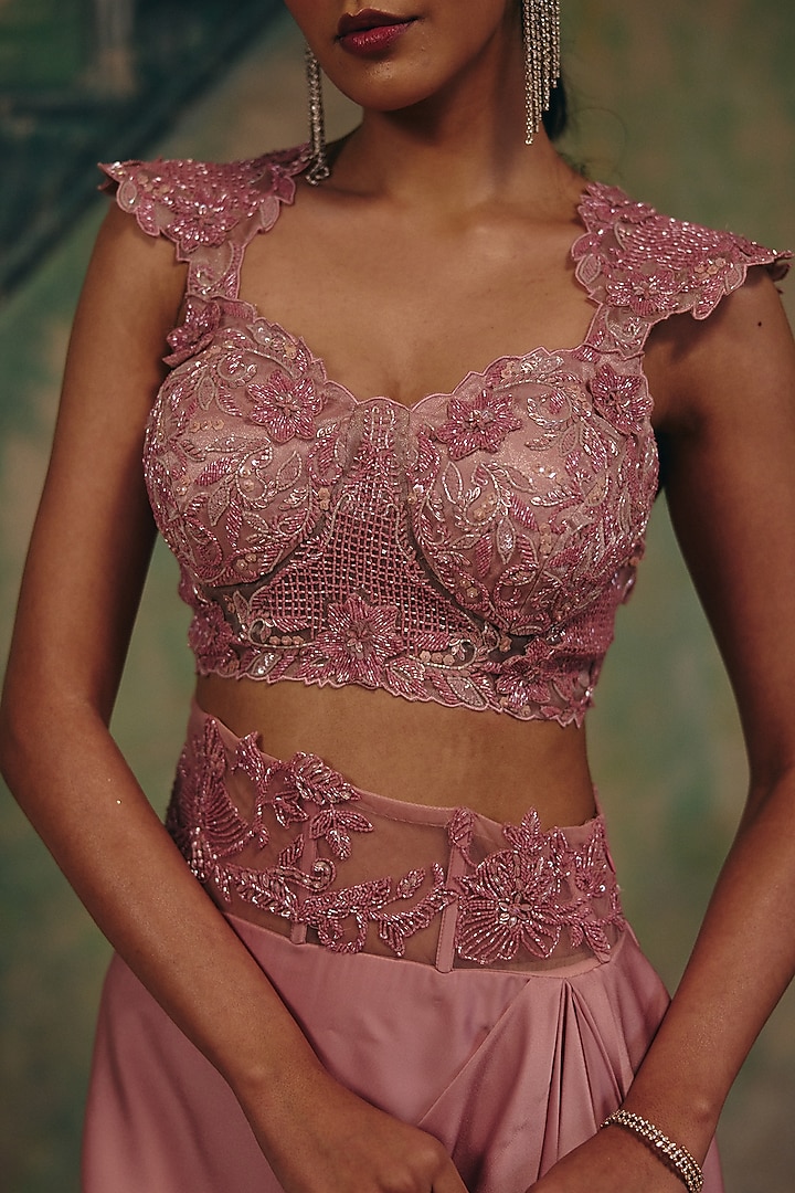 Dusty Rose Satin Draped Skirt Set by Label Moni K at Pernia's Pop Up Shop