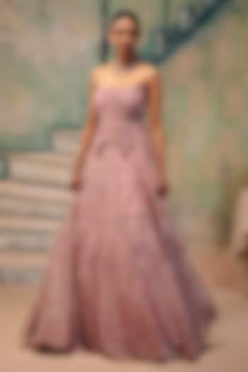 Dusty Rose Pearl Organza Embellished Wedding Lehenga Set by Label Moni K at Pernia's Pop Up Shop