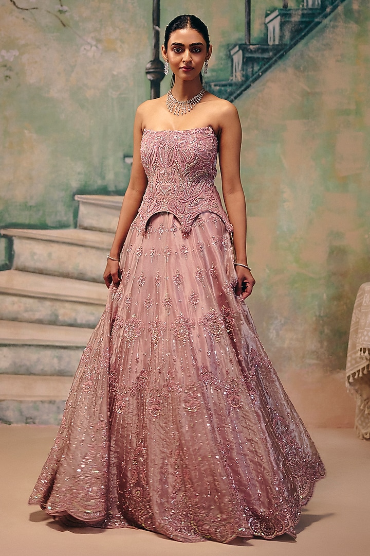 Dusty Rose Pearl Organza Embellished Wedding Lehenga Set by Label Moni K at Pernia's Pop Up Shop