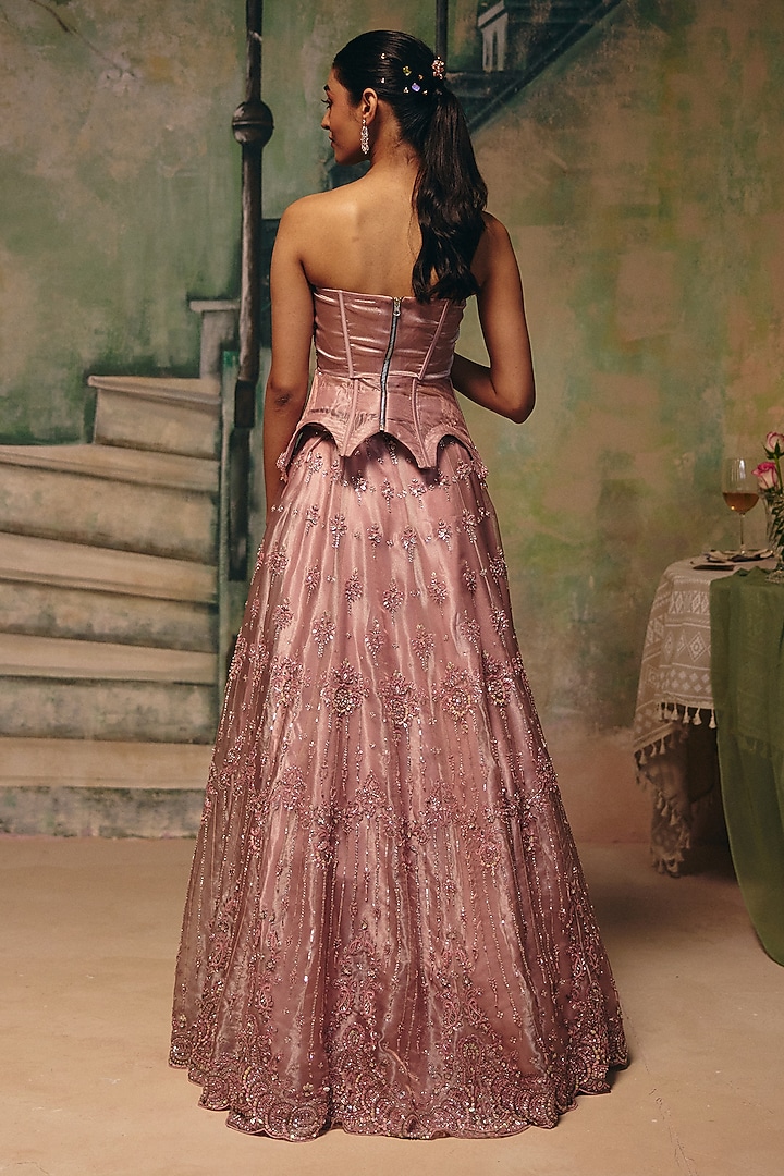 Dusty Rose Pearl Organza Embellished Wedding Lehenga Set by Label Moni K at Pernia's Pop Up Shop