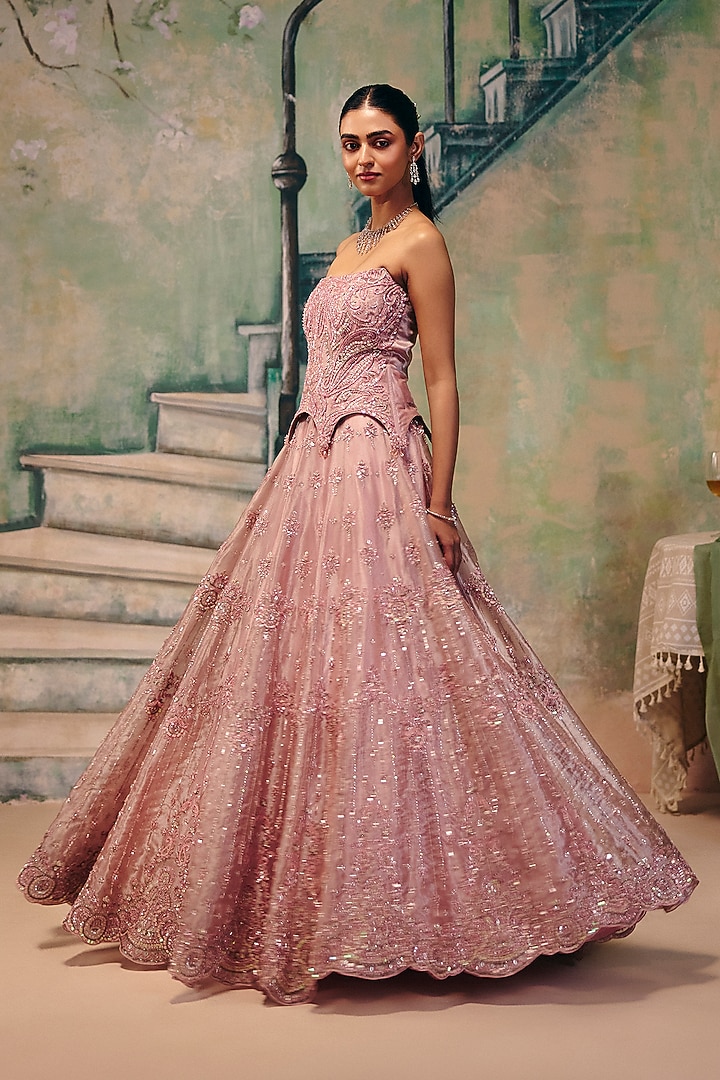 Dusty Rose Pearl Organza Embellished Wedding Lehenga Set by Label Moni K at Pernia's Pop Up Shop