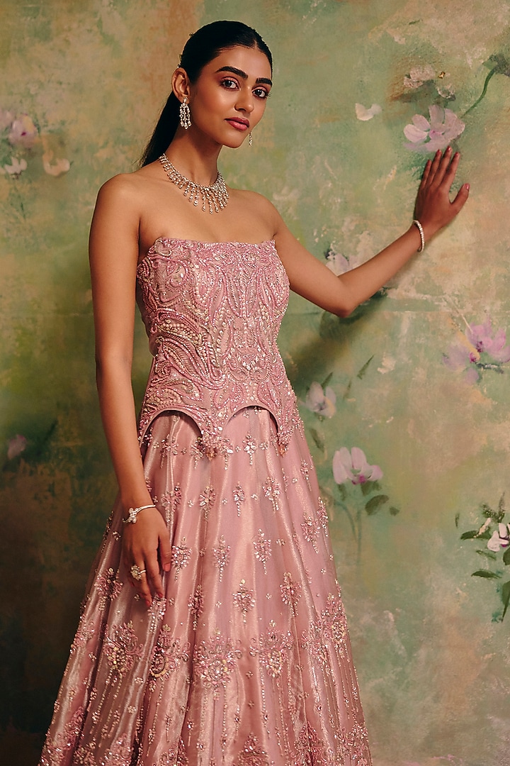 Dusty Rose Pearl Organza Embellished Wedding Lehenga Set by Label Moni K at Pernia's Pop Up Shop