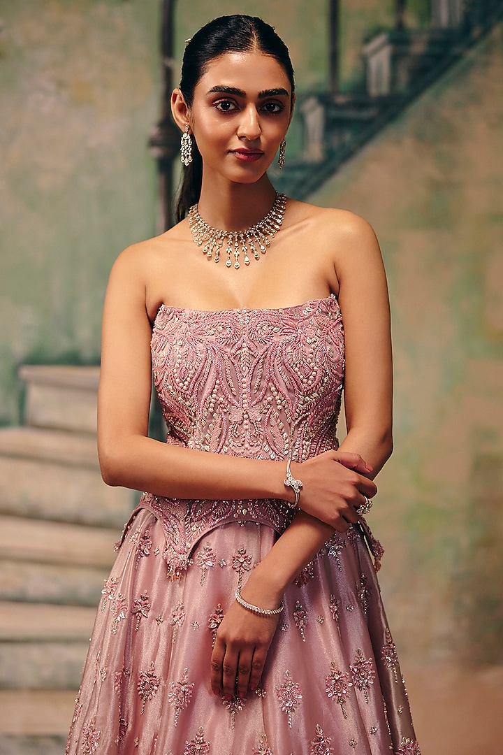 Dusty Rose Pearl Organza Embellished Wedding Lehenga Set by Label Moni K at Pernia's Pop Up Shop