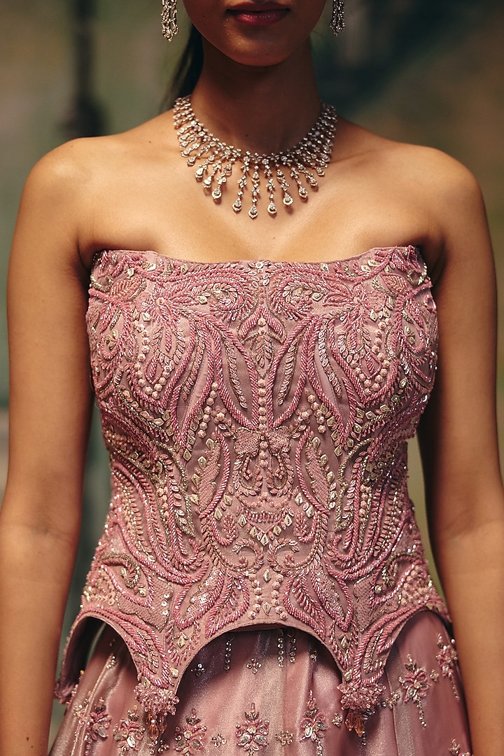 Dusty Rose Pearl Organza Embellished Wedding Lehenga Set by Label Moni K at Pernia's Pop Up Shop