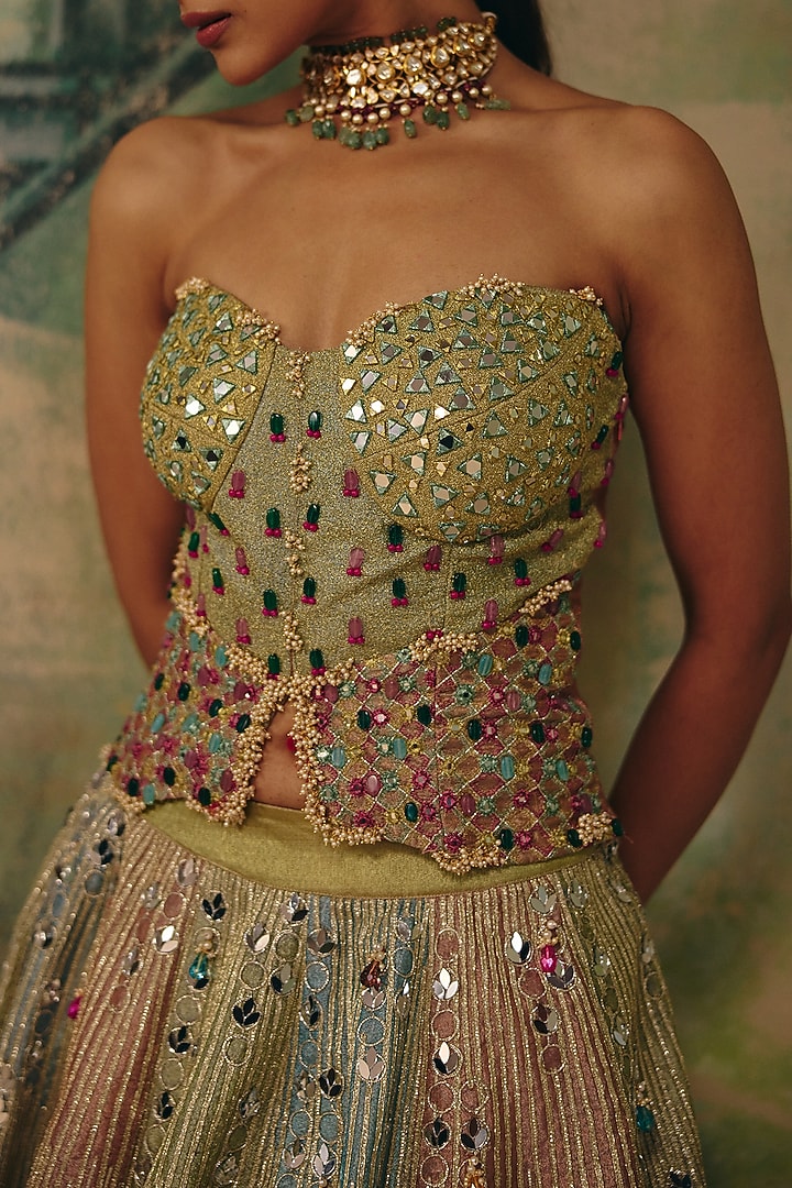 Multi-Colored Chanderi Floral & Sequins Work Wedding Lehenga Set by Label Moni K at Pernia's Pop Up Shop