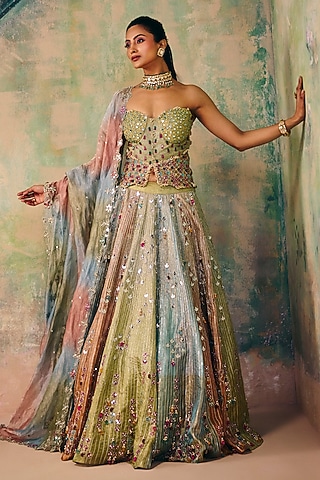 Multi-Colored Chanderi Floral & Sequins Work Lehenga Set by Label Moni K