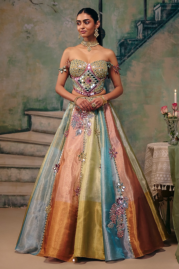 Multi-Colored Chanderi Floral Motif Work Paneled Wedding Lehenga Set by Label Moni K at Pernia's Pop Up Shop
