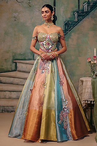 Multi-Colored Chanderi Floral Motif Work Paneled Lehenga Set by Label Moni K